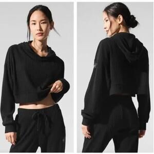 ALO Muse Hoodie Ribbed Cropped Black Sz S {3Q49}